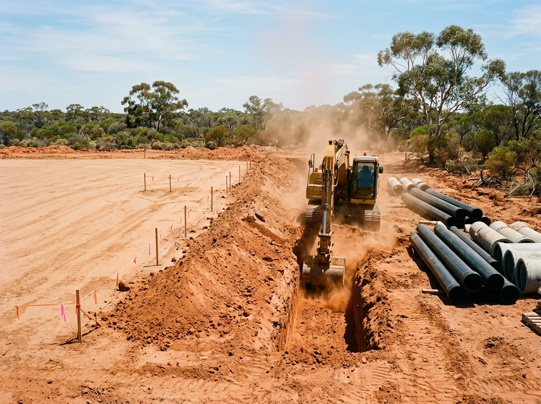 Excavator cutting a drainage trench in red sandy soil with stormwater pipes stacked alongside on a Western Australian site.