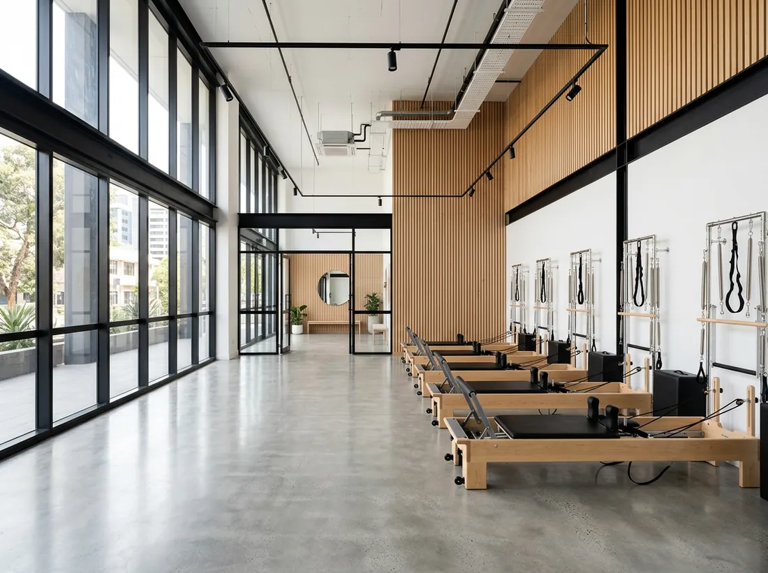 Interior of a completed commercial fit-out with polished concrete floors, timber battens and black steel framing.