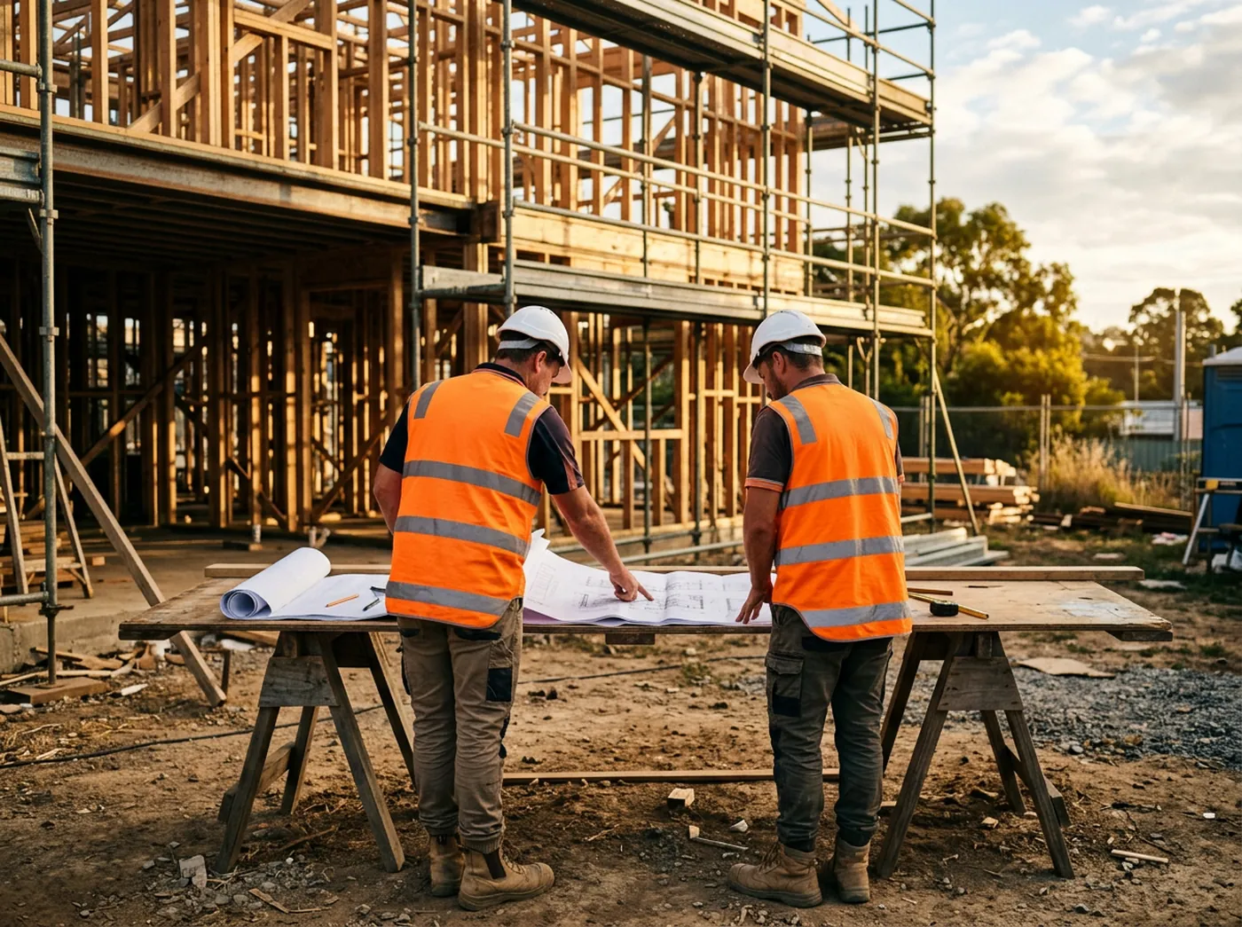 Two builders in high-visibility vests reviewing construction drawings at a trestle table in front of a timber-framed build.